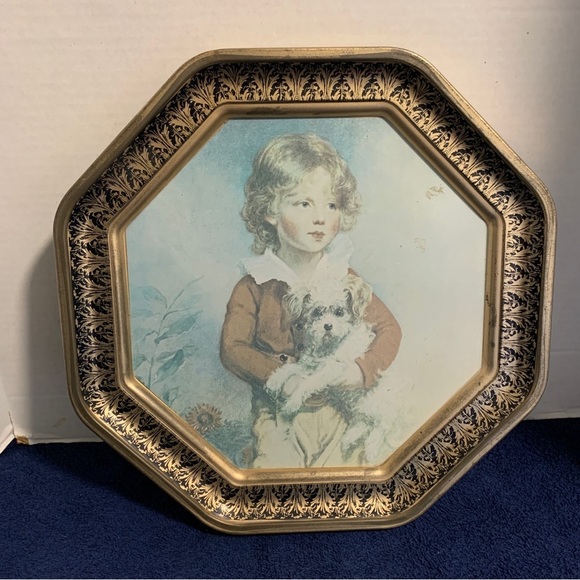 1960s MCM 12” Octagonal Sunshine Biscuit Tin Lid Child Dog Grandma’s Retro Decor - Picture 1 of 4